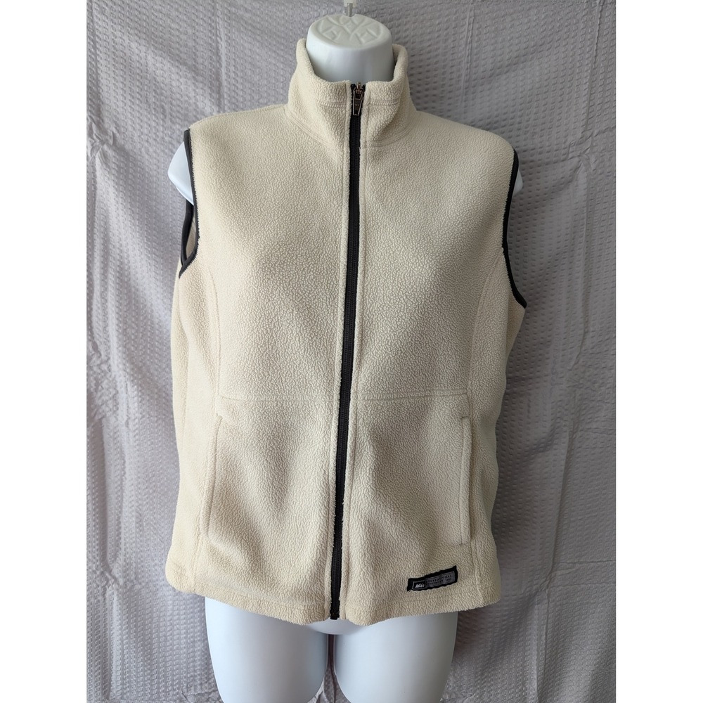 REI Womens Full Zip Fleece Vest Cream Off White Sleeveless Jacket Small